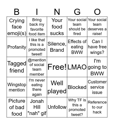 BWW Twitter BINGO Card