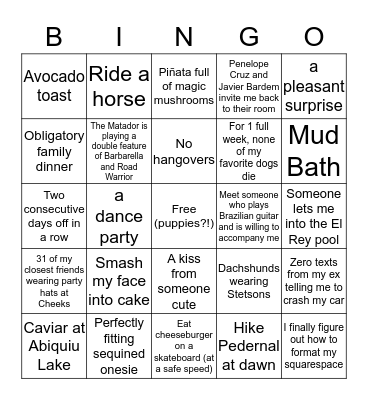 Montana's Birthday Bingo Card