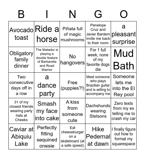 Montana's Birthday Bingo Card