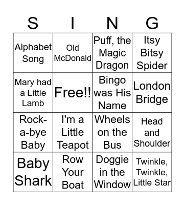 Children's Songs Bingo Card