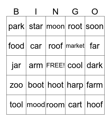 'oo' and 'ar' Bingo Card