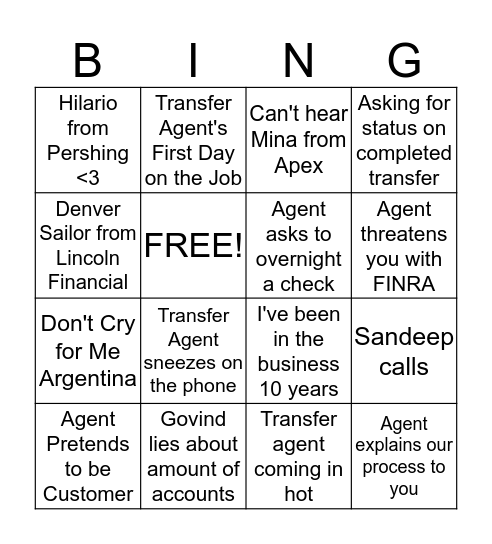 Transfer Agent Bingo Card