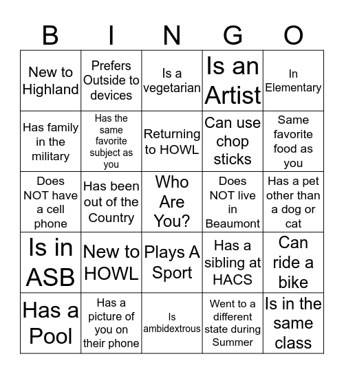 HOWL Bingo Card