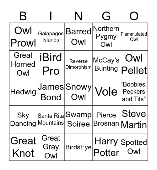The Owl Party Bingo Card