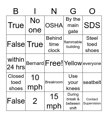 Warehouse safety Bingo Card
