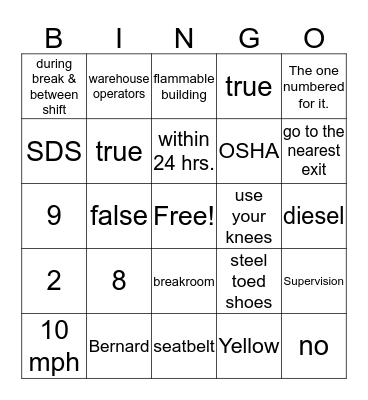 Warehouse Safety Bingo Card
