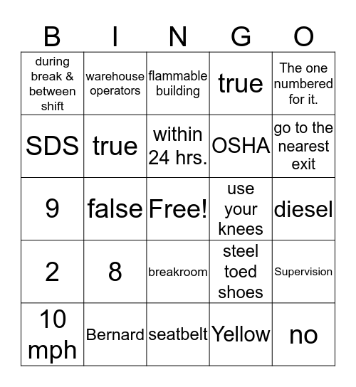 Warehouse Safety Bingo Card