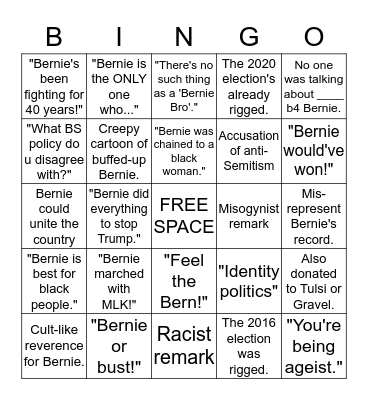 Bernie Bro Bingo Card