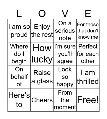 Wedding Speech Bingo Card