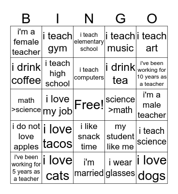 Teachers Appreciation Day Bingo Card