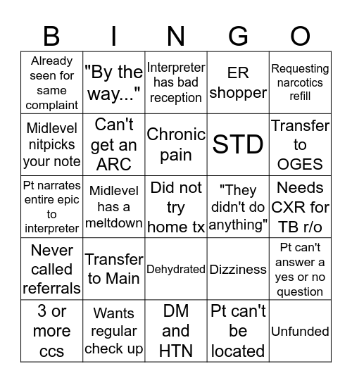 Urgent Care Bingo Card