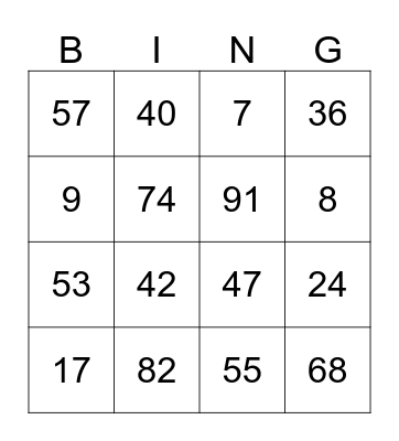 NUMBER Bingo Card