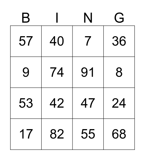 NUMBER Bingo Card