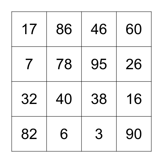 NUMBER BINGO Card