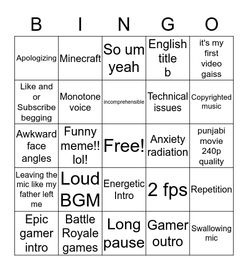 First Video Bingo Card