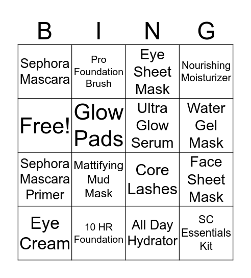 Sephora Collection Contest Bingo Card