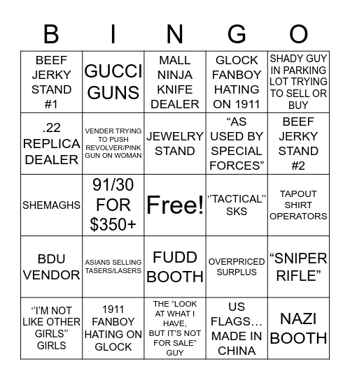 Gun Show Bingo Card