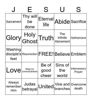 John 13-17; Matthew 26; Mark 14; Luke 22; John 18 Bingo Card