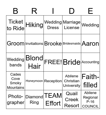 BRIDAL Bingo Card