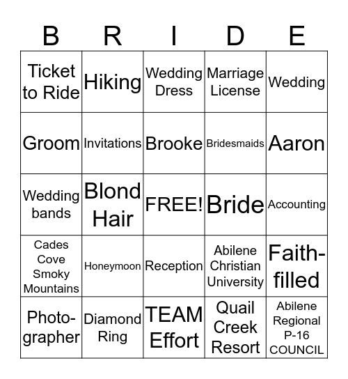 BRIDAL Bingo Card