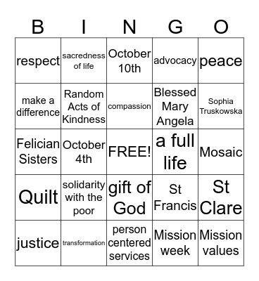 Mission and Heritage Bingo Card
