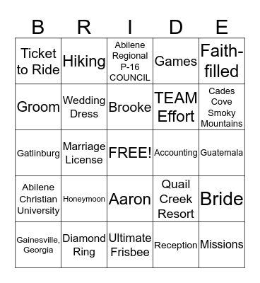 BRIDAL Bingo Card