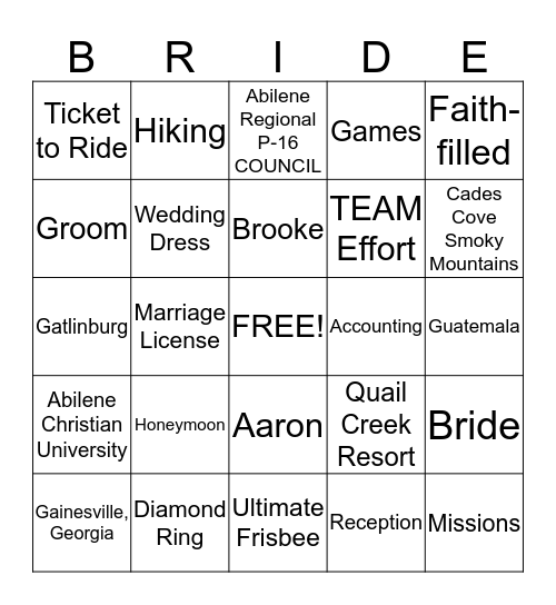 BRIDAL Bingo Card