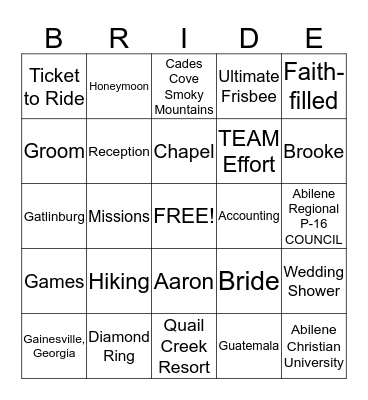 BRIDAL Bingo Card