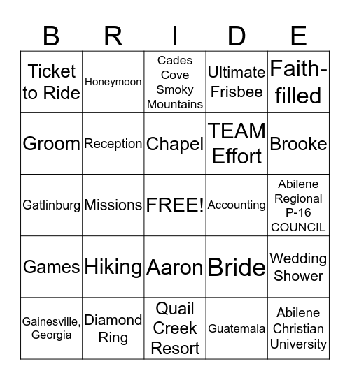 BRIDAL Bingo Card