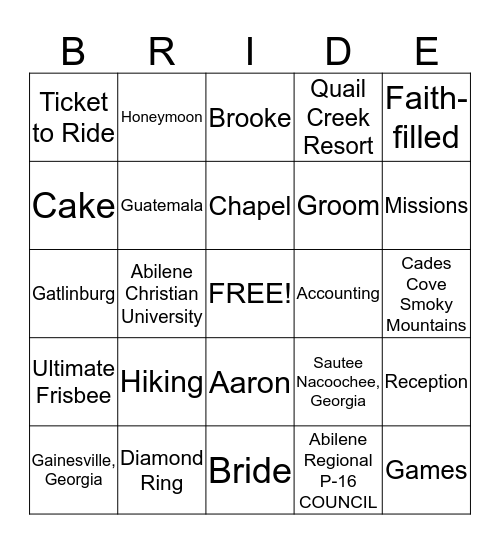 BRIDAL Bingo Card