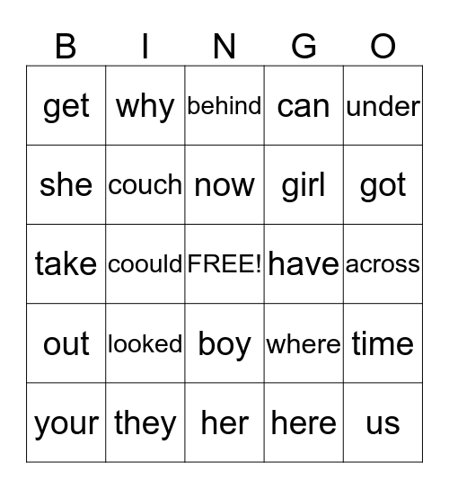 Sight Word Bingo Card