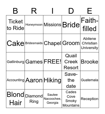 BRIDAL Bingo Card