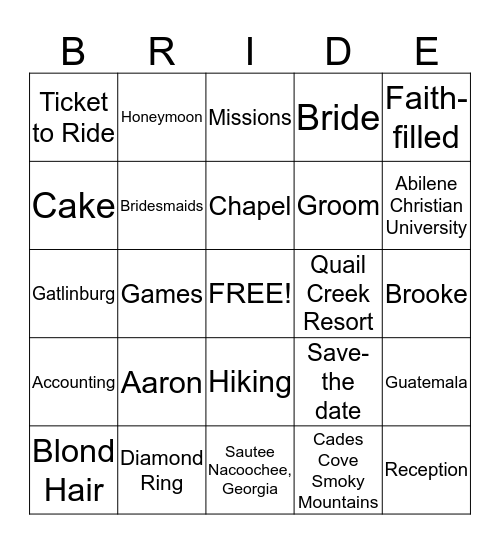 BRIDAL Bingo Card