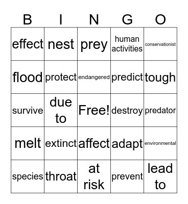 Vocabulary: Endangered Species Bingo Card