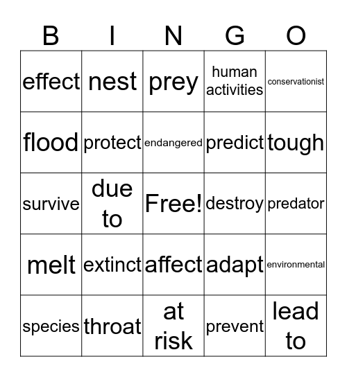 Vocabulary: Endangered Species Bingo Card