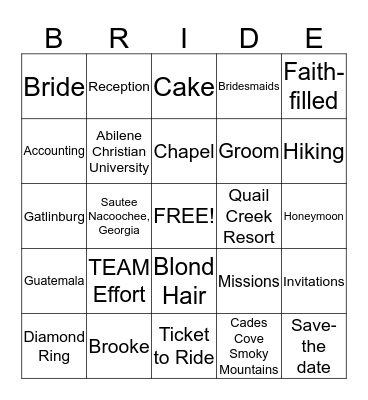 BRIDAL Bingo Card