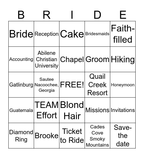 BRIDAL Bingo Card