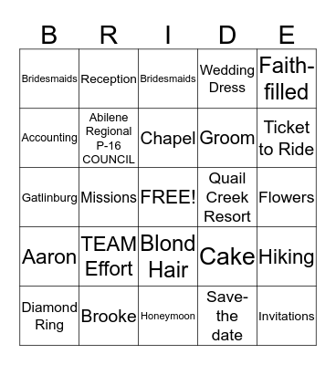 BRIDAL Bingo Card