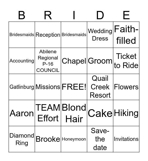 BRIDAL Bingo Card