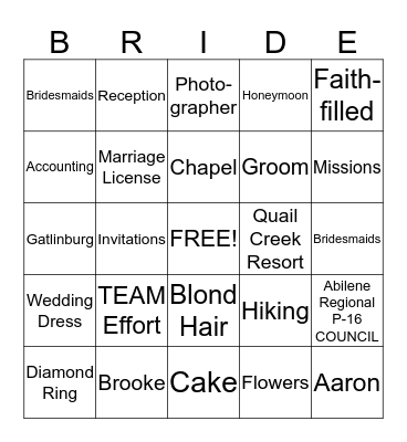 BRIDAL Bingo Card