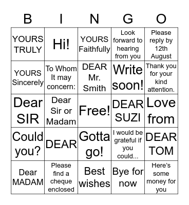 Informal and formal letters Bingo Card