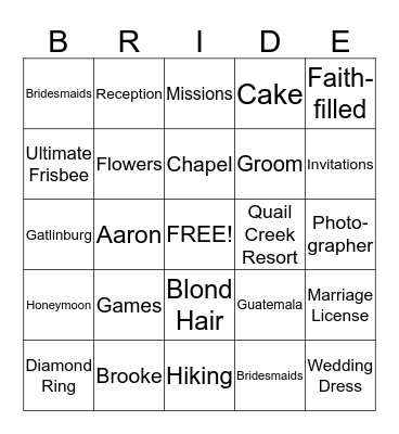 BRIDAL Bingo Card