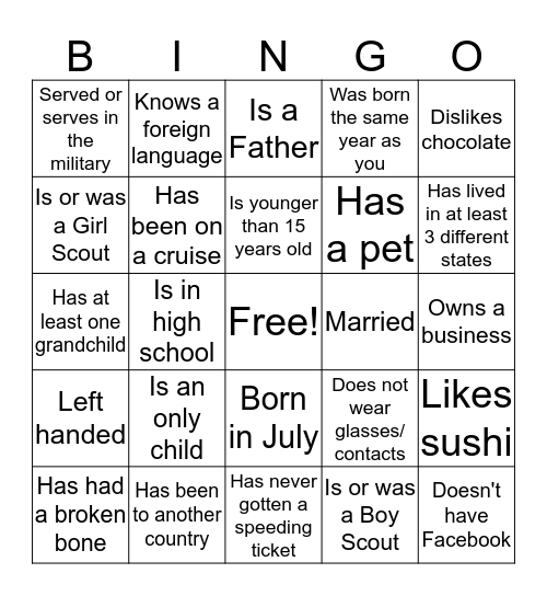 Get to Know Your Family Bingo Card