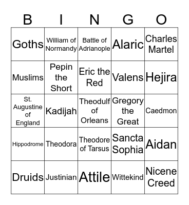 Early Middle Ages Bingo Card