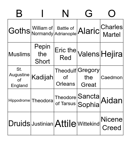 Early Middle Ages Bingo Card