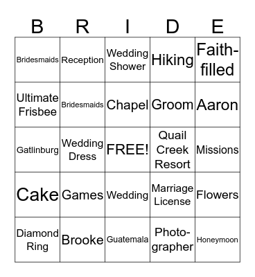 BRIDAL Bingo Card