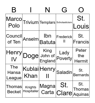 The Unity of the Middle Ages Bingo Card