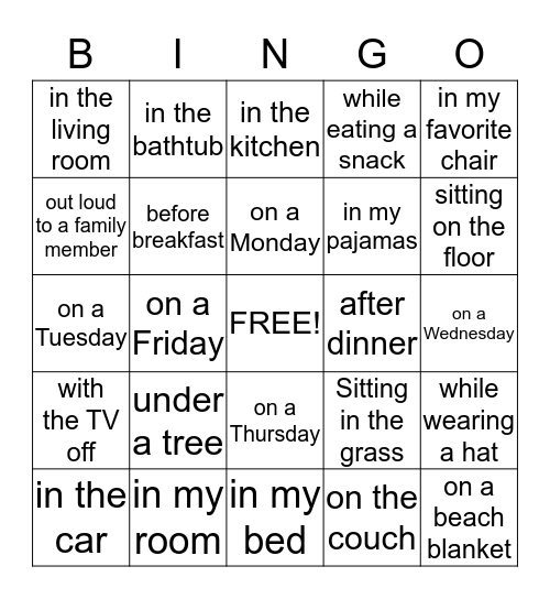 I READ FOR 20 MINUTES Bingo Card