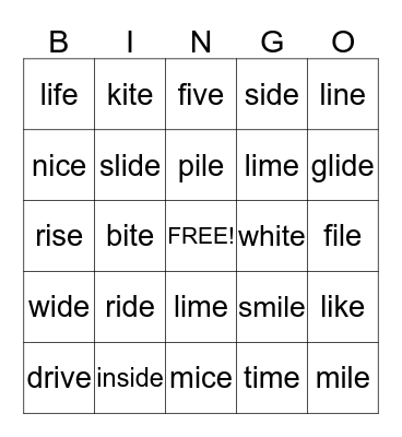 Long Vowel i Bingo Card