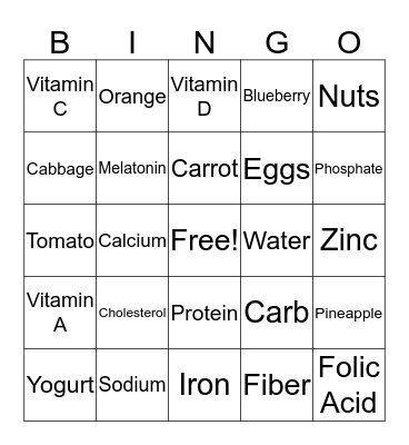 Nutrition Bingo Card